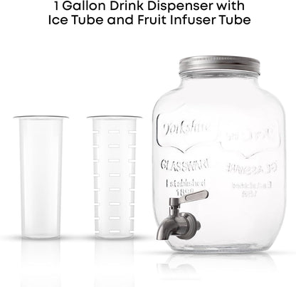 1-Gallon Drink Dispenser. Glass Beverage Dispenser with Stainless steel Spigot plus Ice Cylinder and Fruit Infuser! Water Dispenser, Lemonade Stand, Juice Container - Drink Dispensers for Parties