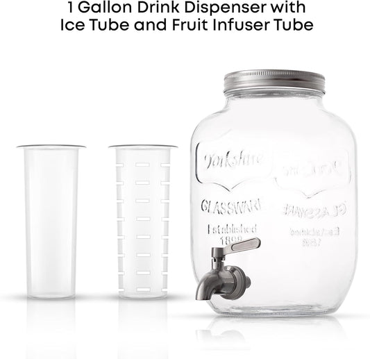 1-Gallon Drink Dispenser. Glass Beverage Dispenser with Stainless steel Spigot plus Ice Cylinder and Fruit Infuser! Water Dispenser, Lemonade Stand, Juice Container - Drink Dispensers for Parties