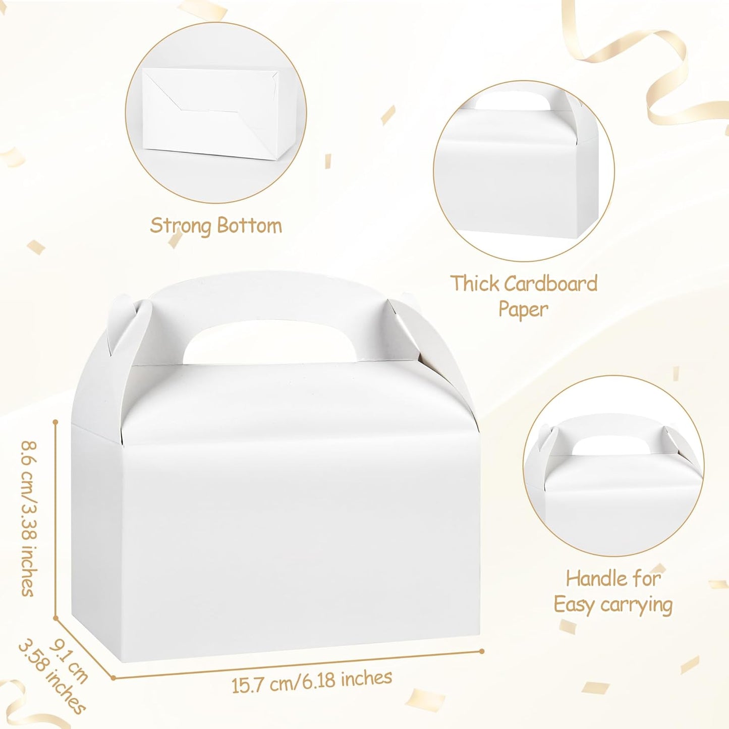 DjinnGlory 36 Pack White Party Favor Treat Boxes with Handle, DIY Paper Boxes for Baby Shower, Birthday, All Occasion, Small Gable Boxes for Small Business 6.18 x 3.58 x 3.38 Inches