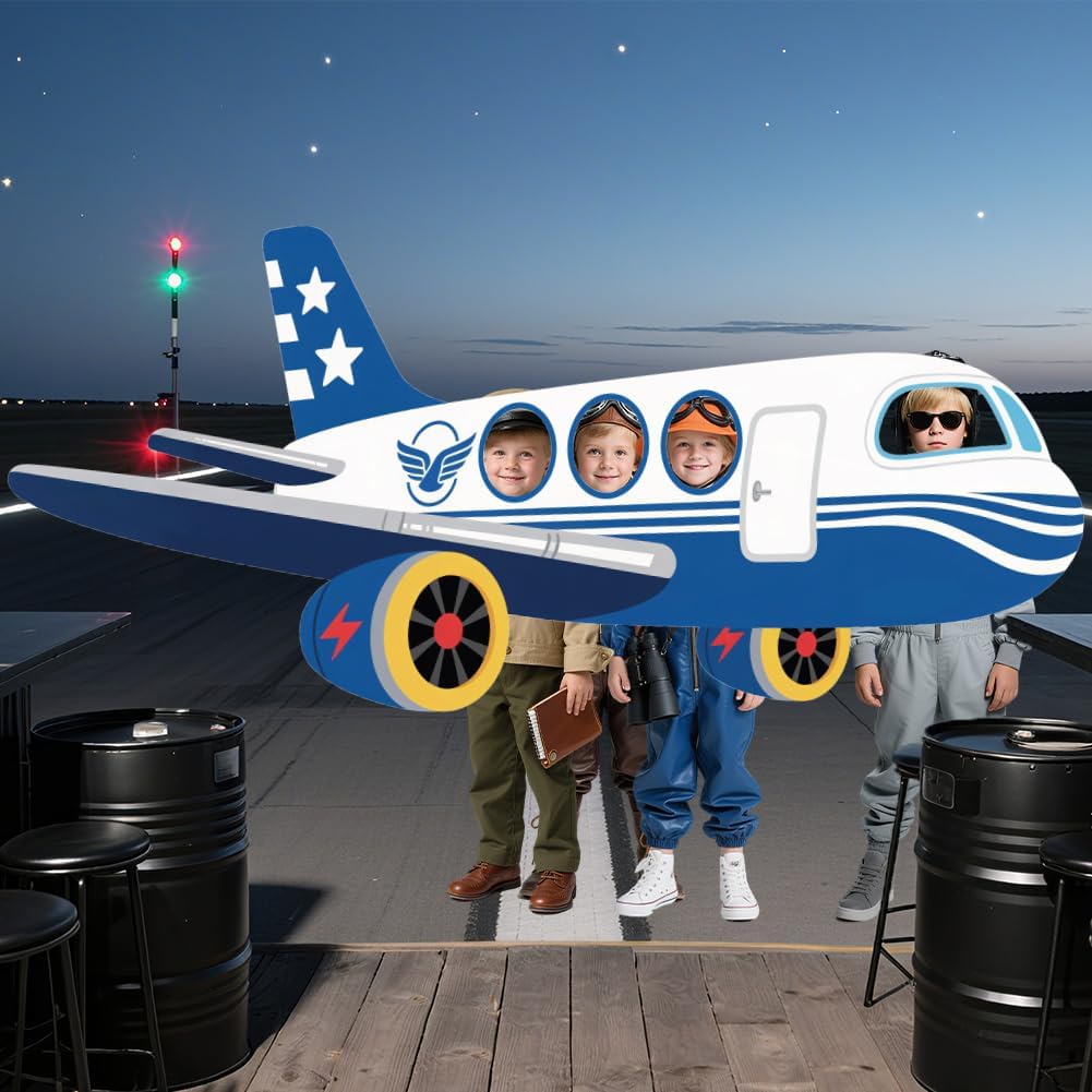 WADORN Airplane Shaped Photo Prop Selfie Frame Party Banner, 6.7x2.9 Ft Large Aircraft Themed Photo Backdrop Plane Themed Background Banner Hanging Supplies for Aviation Airplane Party Supplies