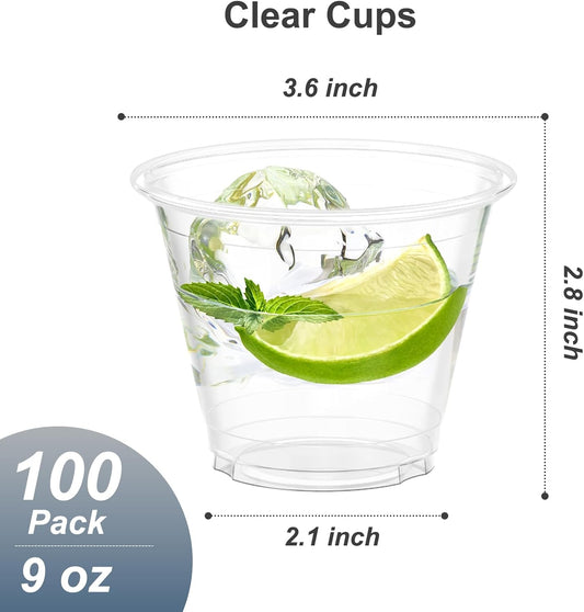 Dealusy 100 Pack 9 oz Clear Plastic Cups, Sturdy & Food Safe Disposable Plastic Cups for Wine Cocktail Punch