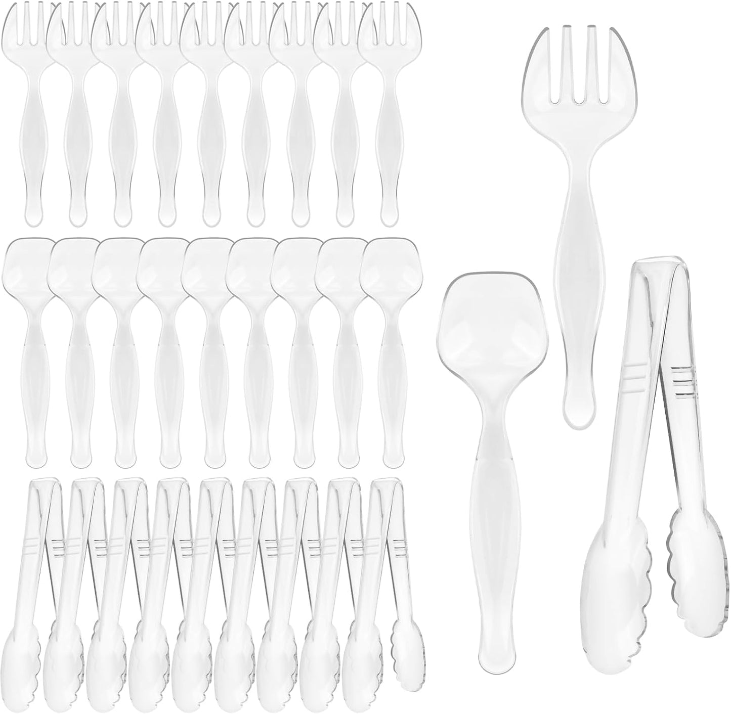 30 Pcs Clear Plastic Serving Utensils Set - Includes 10 Spoons, 10 Tongs, 10 Forks - Heavy Large Disposable Serving Utensils for Parties, Holidays & Events (Clear)