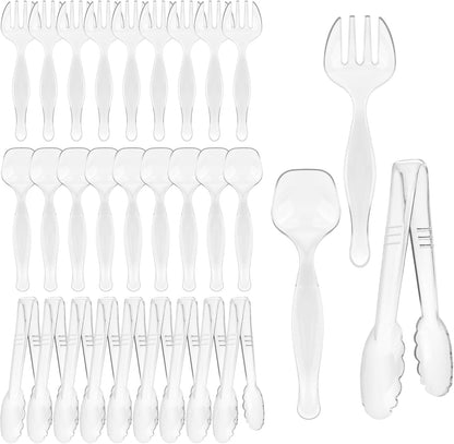 30 Pcs Clear Plastic Serving Utensils Set - Includes 10 Spoons, 10 Tongs, 10 Forks - Heavy Large Disposable Serving Utensils for Parties, Holidays & Events (Clear)
