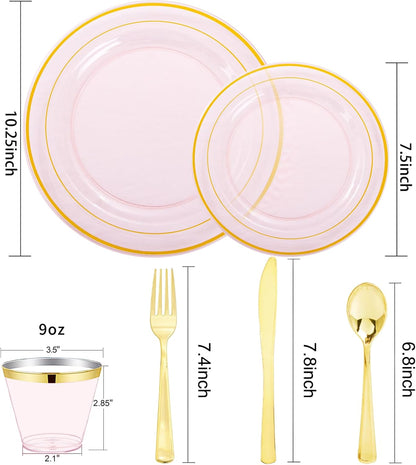 WELLIFE 350-Piece Gold Disposable Plates and Cutlery Set - Premium 10.25" Dinner Plates, 7.5" Dessert Plates, 9oz Cups & Cutlery for Weddings, Catering Events - 50 Guest Service - Elegant & Sturdy