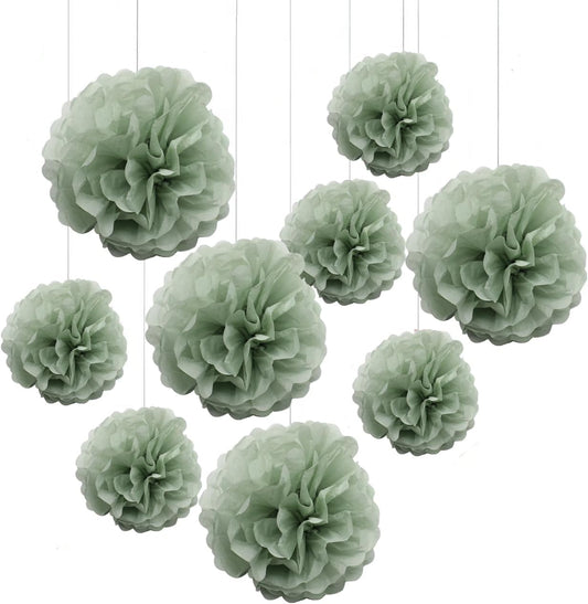 9-Pack Sage Green Tissue Paper Flower Pom Poms Decorations - 12" 10" Sage Hanging Paper Party Decor for Bridal Shower, Baby Shower, Birthday, Wedding, Nursery Room, Backdrop Supplies