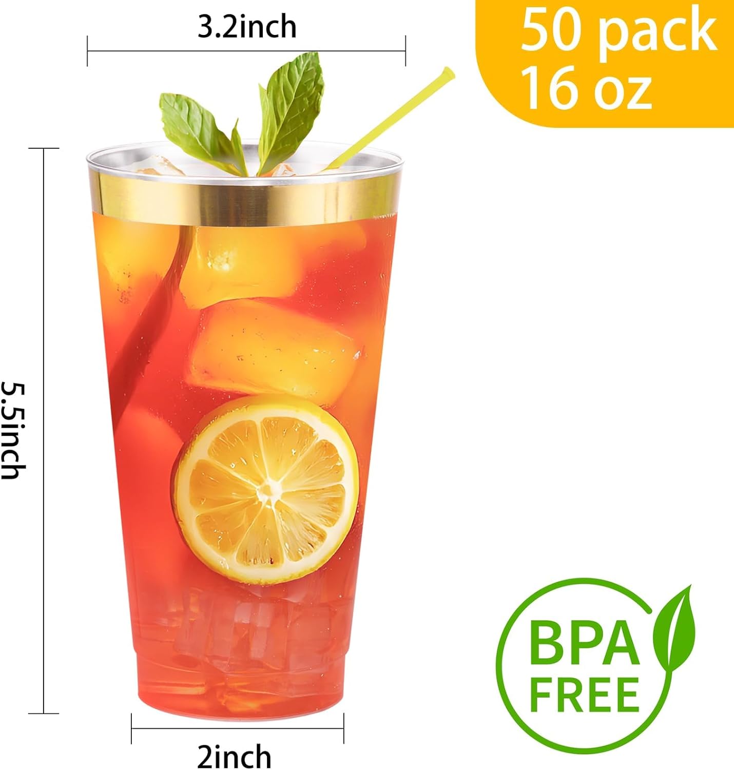 I00000 100 Pack 12 oz Gold Plastic Cups, Gold Rimmed Disposable Cups, Disposable Wine Glasses Cocktail Glasses Premium Cup with Golden Rim, 12 Ounce Plastic Tumblers for Party & Wedding
