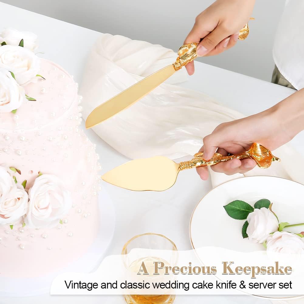 Cake Cutting Set for Wedding, Personalized Gold Cake Knife and Server Set, Custom Cake Serving Set, Engraved Pastry Pie Server Cake Pizza Cutter, Birthday Bridal Gift (F-Classic)