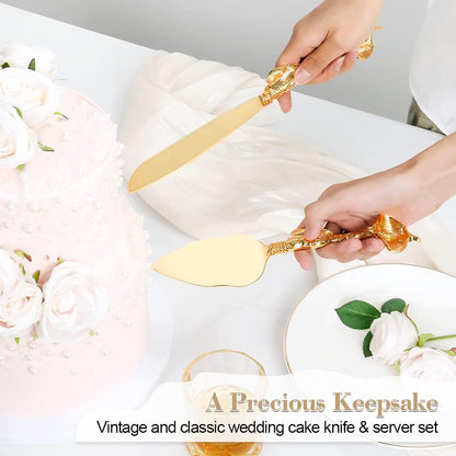 Cake Cutting Set for Wedding, Personalized Gold Cake Knife and Server Set, Custom Cake Serving Set, Engraved Pastry Pie Server Cake Pizza Cutter, Birthday Bridal Gift (F-Classic)