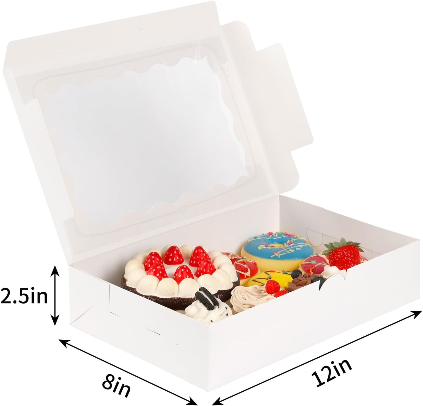 Moretoes 24pcs Bakery Boxes, 12x8x2.5 Inches,Treat Boxes with Window for Chocolate Covered Strawberries, Pastries, Cookies, Desserts, Donuts and Muffins