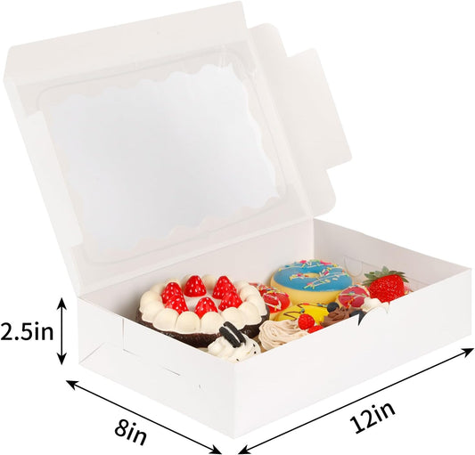 Moretoes 24pcs Bakery Boxes, 12x8x2.5 Inches,Treat Boxes with Window for Chocolate Covered Strawberries, Pastries, Cookies, Desserts, Donuts and Muffins