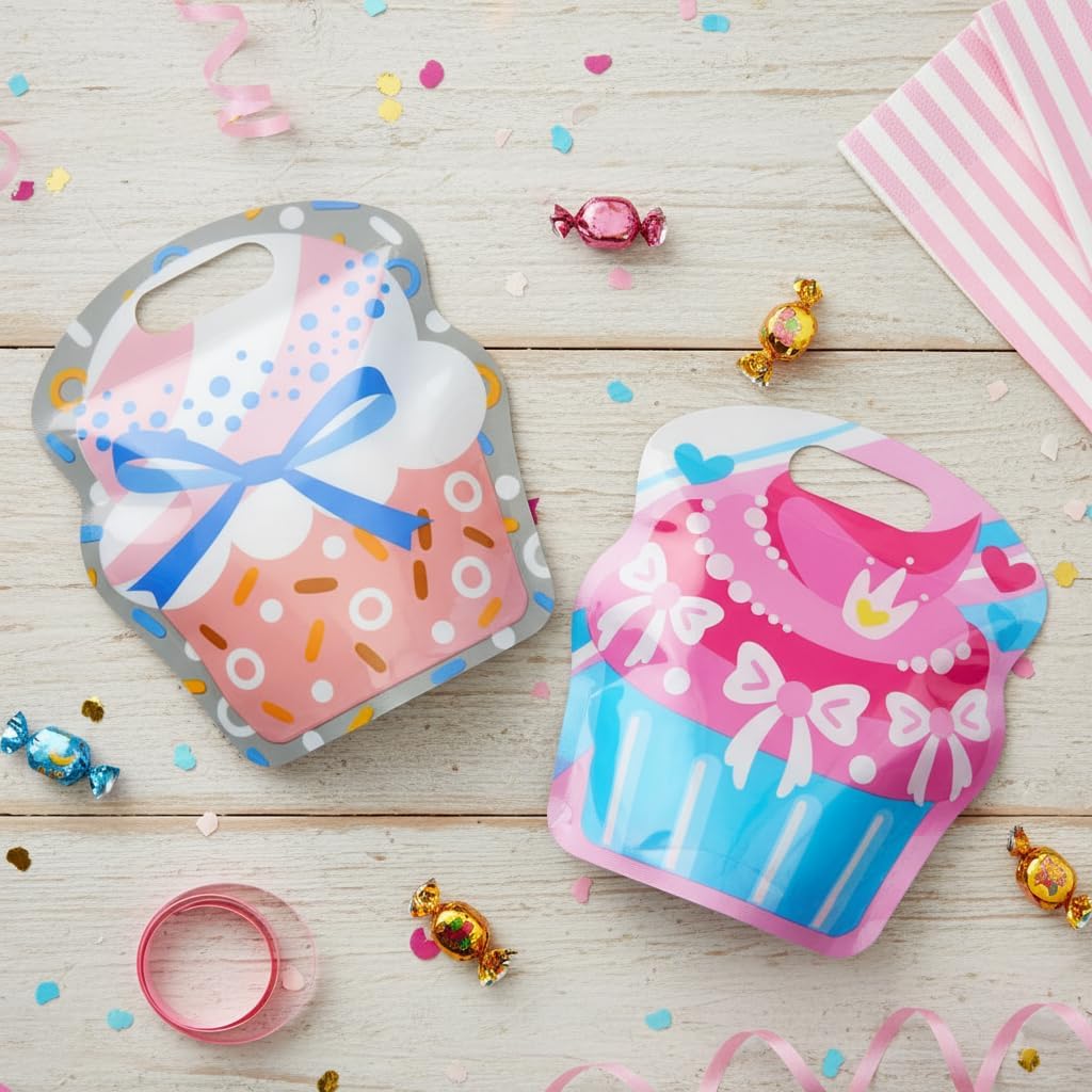 SUNCOLOR Birthday Party Favor Bags, 32 Pack Goodie Bags with Handles, 9.8 x6.7 inches, Pink Blue Yellow White Gift Bags for Kids Parties, Celebrations