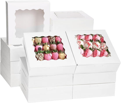 Moretoes 30pcs Bakery Boxes, 8x8x2.5 Cookie Boxes with Window, White Treat Containers for Donuts, Chocolate Strawberries, Pie, Birthday Party, Mother's Day, Weddings