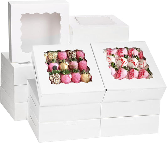 Moretoes 30pcs Bakery Boxes, 8x8x2.5 Cookie Boxes with Window, White Treat Containers for Donuts, Chocolate Strawberries, Pie, Birthday Party, Mother's Day, Weddings