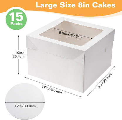 15Pcs 12x12x8 Inch Tall Cake Boxes with Clear Window & Cake Boards - Sturdy White Bakery Boxes with Scalloped Edge for Layer, Wedding, Birthday Cakes - Secure Transport for Professional & Home Bakers