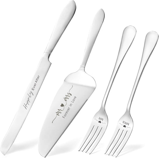 ROXBURGH Wedding Cake Cutting Set, Silver Cake Knife and Server Set with Mr and Mrs Forks for Wedding Reception Bridal Shower Engagement Anniversary
