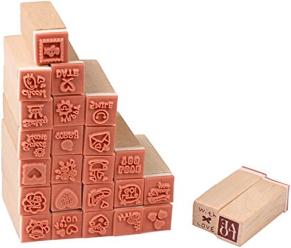 Pack of 25 Pcs Small Green Happy Life Shape Wooden Rubber Stamps with Box for DIY Craft Card and Photo Album (Green)