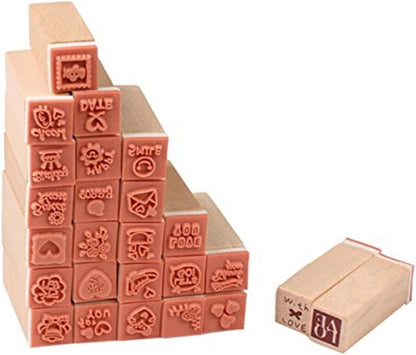 Pack of 25 Pcs Small Green Happy Life Shape Wooden Rubber Stamps with Box for DIY Craft Card and Photo Album (Green)
