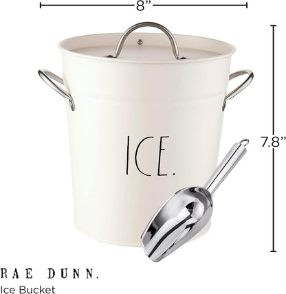 Rae Dunn Ice Bucket with Scoop - Stainless Steel Bucket with Handle, Lid and Ice Scooper - 4 Qt. Storage Bin for Ice Cubes for Bars, Parties, Backyard Barbeques, Picnics, and Camping (Sage)