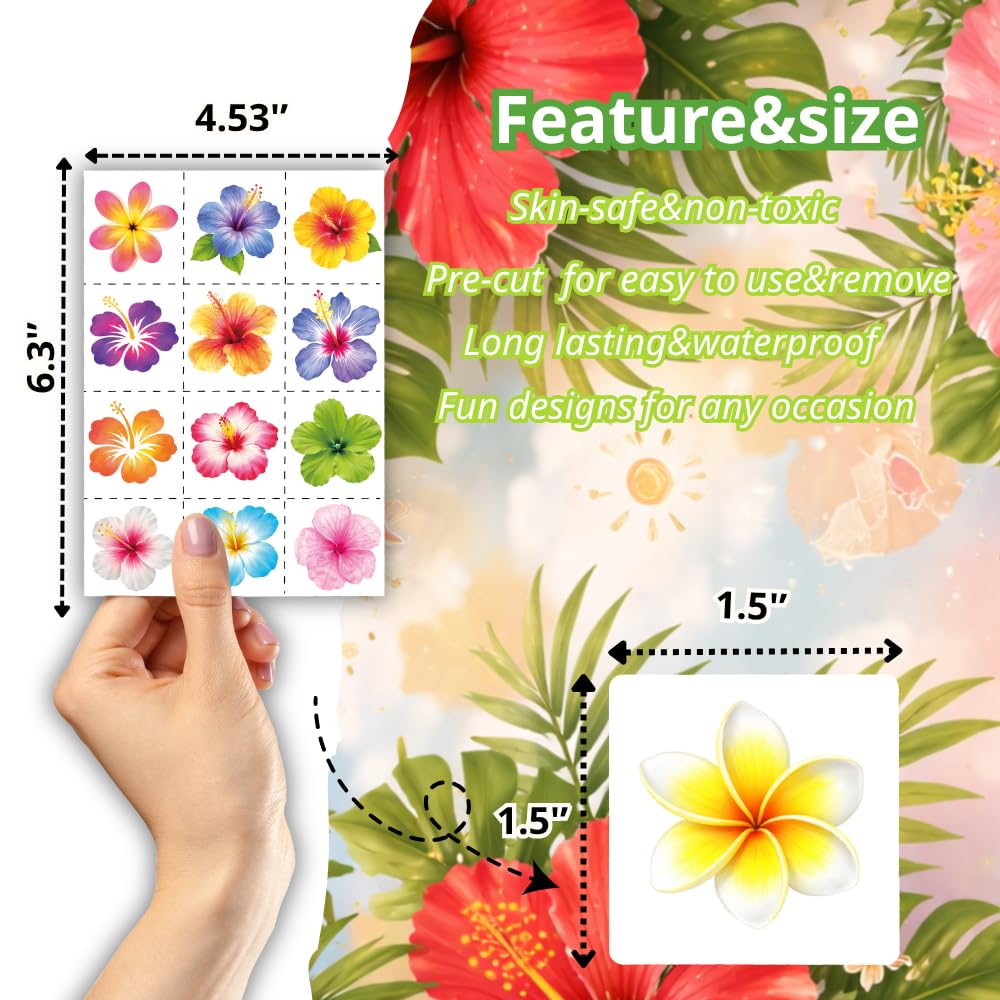 96PCS Tropical Flower Hawaiian Temporary Tattoos Pre-Cut - Hibiscus Plumeria Stickers Beach Summer Hawaiian Birthday Party Decorations, Supplies & Favors - School Gifts Rewards Prizes for Girls Women