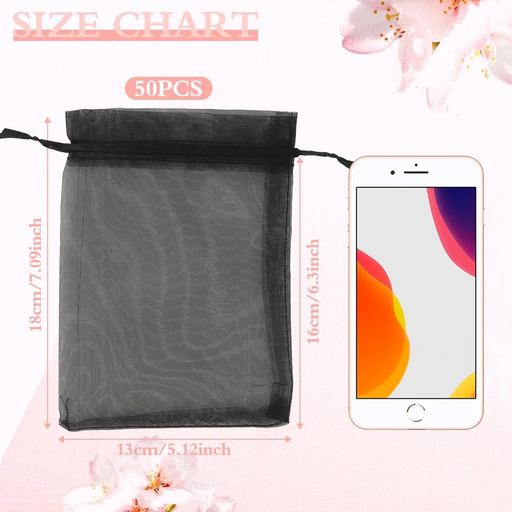 Organza Bags, Organza Bags 5 x 7 Inch, 50 Pcs White Sheer Party Favor Mesh Bag with Drawstring, Small Jewelry Gift Candy Bag for Wedding Christmas Birthday Halloween Graduation Party Favors Supplies