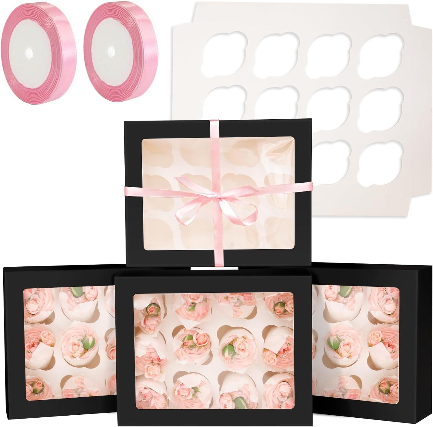 qiqee Auto-pop Up Cupcake Boxes with Window White 40PCS 12 Count Cupcake Box 13"x10"x3.5" Cupcakes Carrier, 12 Cupcake Containers with 2 rolls of pink ribbons