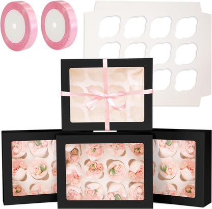 qiqee Auto-pop Up Cupcake Boxes with Window White 40PCS 12 Count Cupcake Box 13"x10"x3.5" Cupcakes Carrier, 12 Cupcake Containers with 2 rolls of pink ribbons