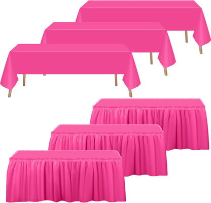 Oudain 6 Pcs Plastic Table Skirts and Stainproof Table Cloths 54 x 108 in Plastic Ruffle Tablecloth 168 x 29 Inches Disposable for Wedding Baby Shower Valentine Spring Easter Party(White)