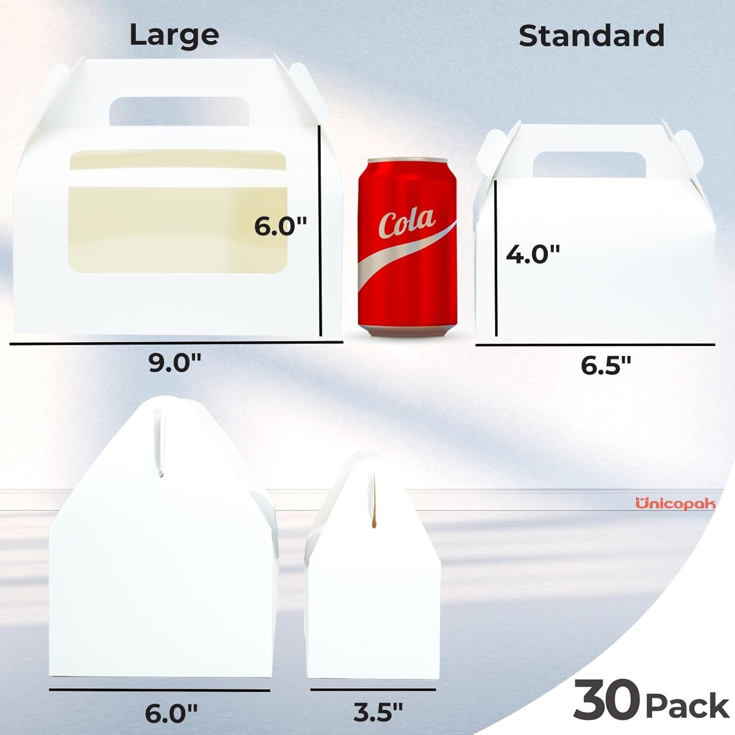UnicoPak 30 Pack 9x6x6 Gable Boxes, Large White Treat Boxes with Handles, Cardboard Gift Boxes for Party Favors, Lunch, Bakery, Cookies, Picnic, To-Go Food, DIY Gift Packaging