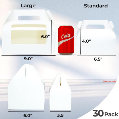 UnicoPak 30 Pack 9x6x6 Gable Boxes, Large White Treat Boxes with Handles, Cardboard Gift Boxes for Party Favors, Lunch, Bakery, Cookies, Picnic, To-Go Food, DIY Gift Packaging