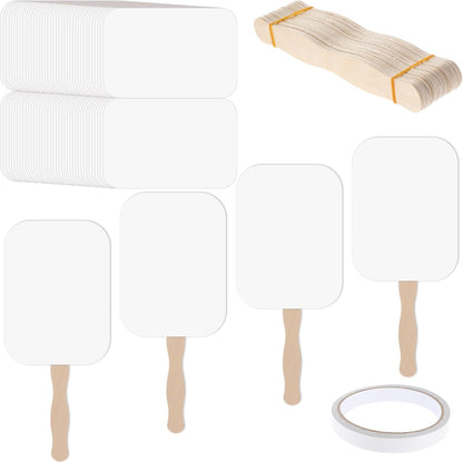 TaoBary 50 Pieces DIY Paper Church Fans Handheld Set Fan Sticks Wooden Handle Craft Sticks Wavy with Blank White Cardstock Tape for Wedding Celebration