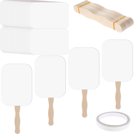 TaoBary 50 Pieces DIY Paper Church Fans Handheld Set Fan Sticks Wooden Handle Craft Sticks Wavy with Blank White Cardstock Tape for Wedding Celebration