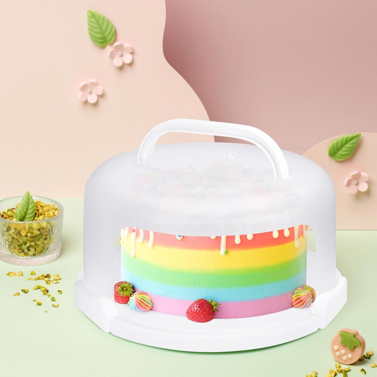 Cake Carrier with Lid and Handle, Fit 10’’ Cake Stand with Lid, Cake Transport Storage Container, Cake Containers Cover Stand with Lids, 3 Secure Side Closures (Pink)