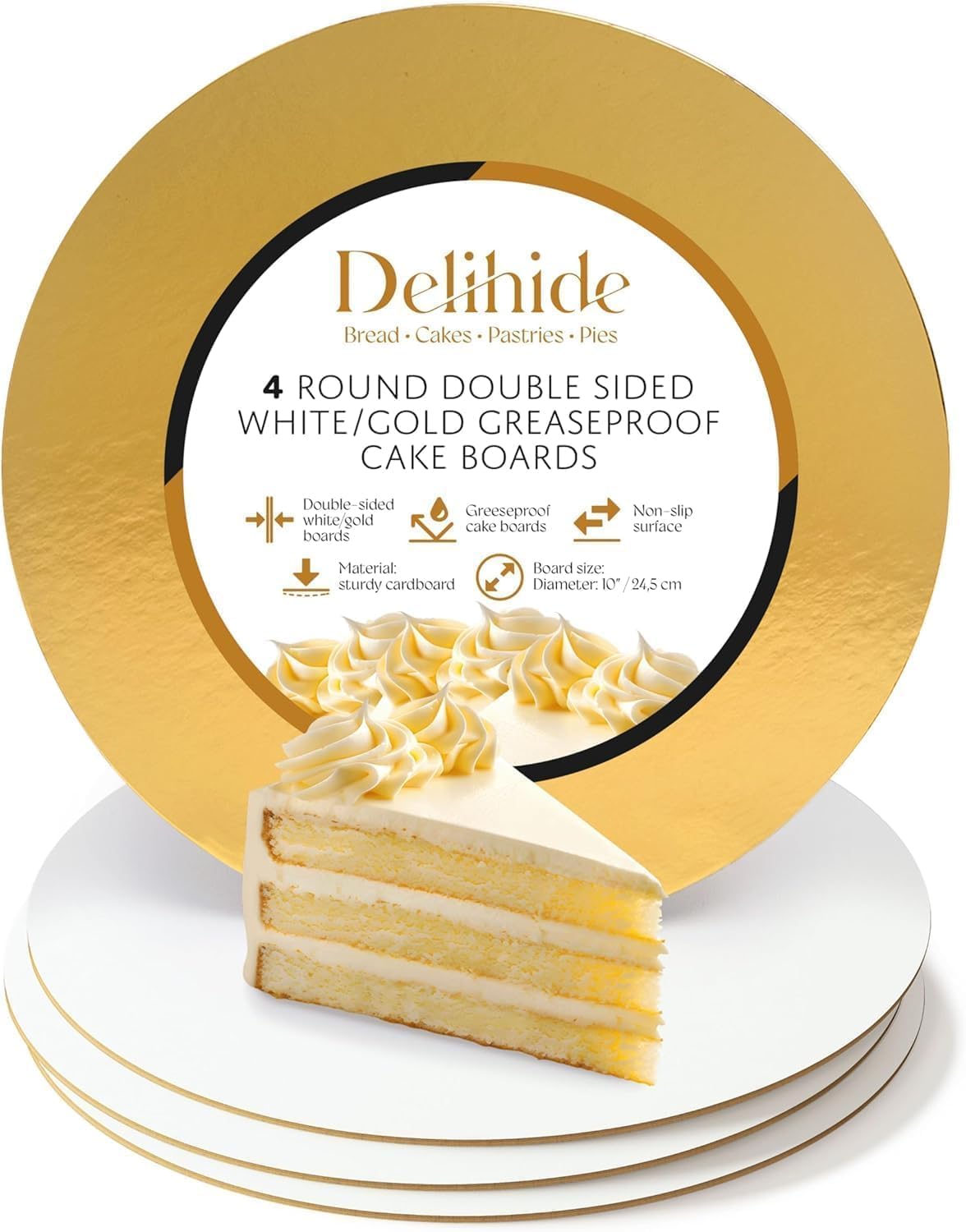 Premium Cake Boxes with Cake Boards Set - 12 Front-Loading Sturdy Cardboard Cake Boxes 10", 12 White/Gold Greaseproof Boards 10 Inch - Window Cake Box Set