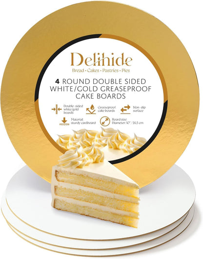 Premium Cake Boxes with Cake Boards Set - 12 Front-Loading Sturdy Cardboard Cake Boxes 10", 12 White/Gold Greaseproof Boards 10 Inch - Window Cake Box Set