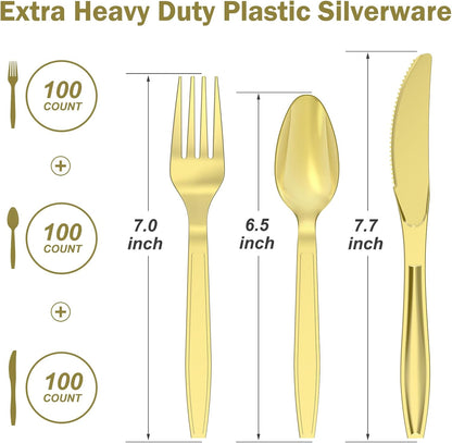 Dealusy 300 Count Extra Heavy Duty Clear Plastic Silverware, 100 Forks, 100 Spoons, 100 Knives, BPA-Free, Heat Resistant, Disposable Plastic Utensils Set, Plastic Cutlery Set, Plasticware Bulk