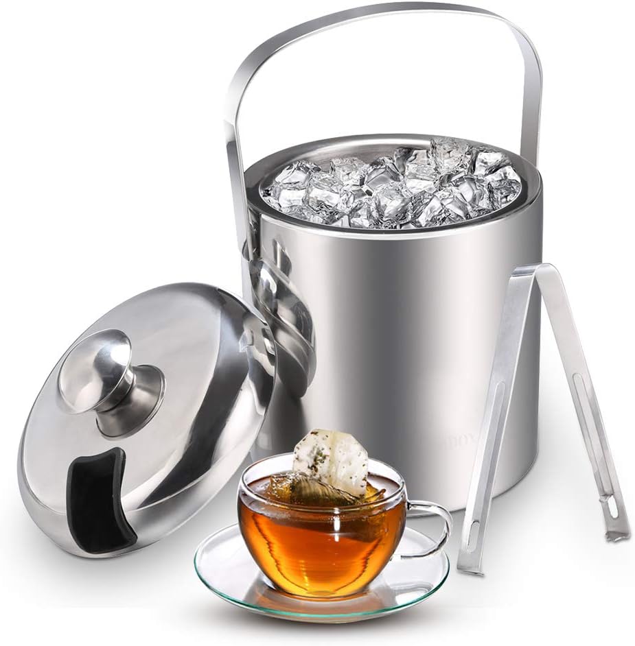Sailnovo Mini Ice Bucket 1.2 Liter, Premium Compact Double-Wall Stainless Steel with Lid & Ice Tong, Ideal for Cocktails, Personal Bar, Small Parties - Silver