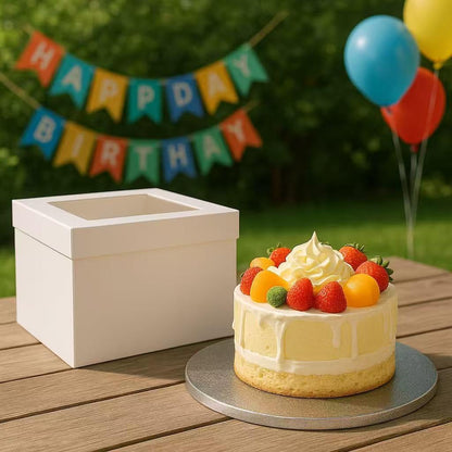 12 inches White Cake Box with Cake Board, 1/2 inch Thick Silver Cake Drum Set, Square Bakery Box with Window Lid and Cake Board Combo, Disposable Container for Bakery (12x12x8“)