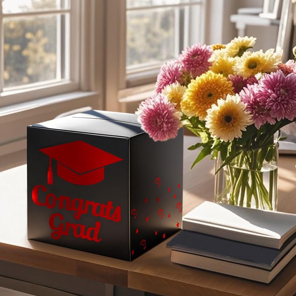 Graduation Card Box Holder, Congrats Grad Foldable Cardboard Decorations Box for Graduation Party Decoration and Grad Parties (Black)
