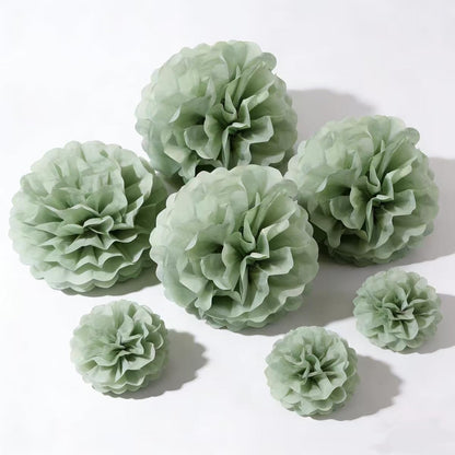 9-Pack Sage Green Tissue Paper Flower Pom Poms Decorations - 12" 10" Sage Hanging Paper Party Decor for Bridal Shower, Baby Shower, Birthday, Wedding, Nursery Room, Backdrop Supplies