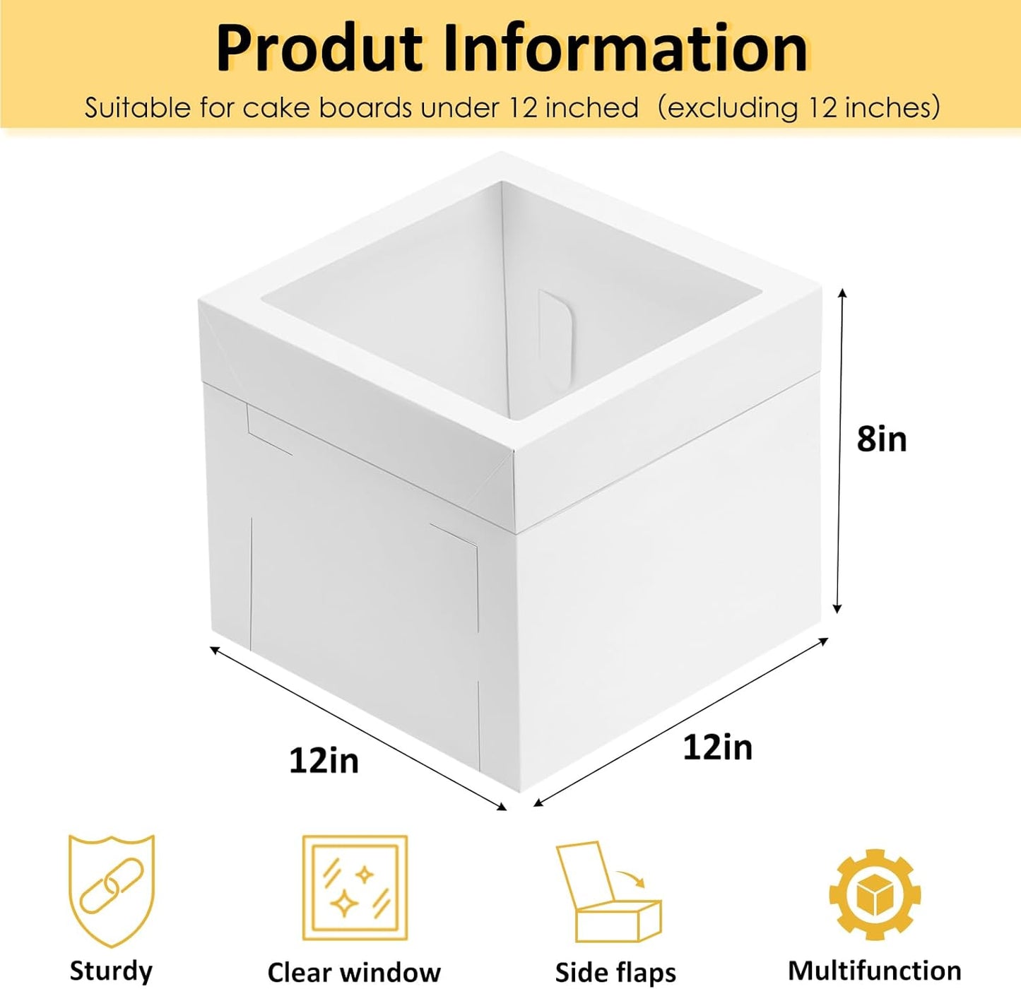 Moretoes 3 Pack Cake Boxes 12x12x8 Inch, Bakery Containers with Large Window, 12 Inch White Cake Carrier, Disposable Boxes for Birthday, Party, Cupcake Cookie Pie Pastry.