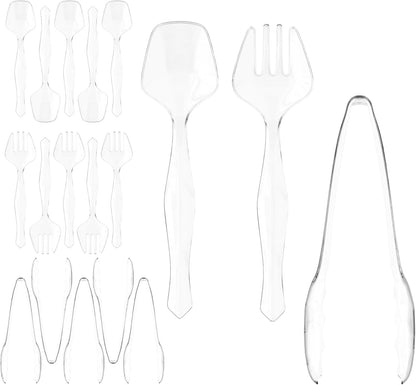 18 Pcs Clear Plastic Serving Utensils Set - 6 Clear Plastic Serving Spoons, 6 Tongs And 6 Forks - Heavy Duty Disposable Serving Utensils Set For Parties