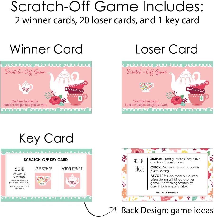 Big Dot of Happiness Garden Tea Party Scratch Off Game - Floral Par-Tea Theme, 22 Premium Cards with 2 Winner Cards, Interactive Party Activity Set, Heavy-Duty Cardstock with Glossy Finish