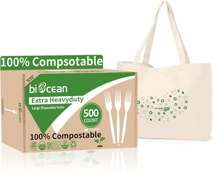 Extra Heavyduty Compostable Cutlery Set - 190 Count Large Disposable Utensils No Plastic Forks Spoons Knives Biodegradable Fork Eco Friendly Silverware for Party,BBQ,Daily Use,Events,Picnic