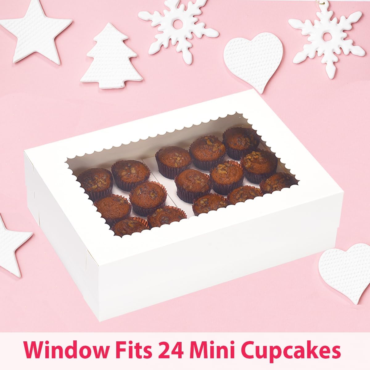 JJO Mini Cupcake Box 5 Pack,Holds 24 Mini Cupcakes,Cupcake Holder, 14x10x4 Inch White Bakery Boxes with Window for Birthday Holiday Party Bakery