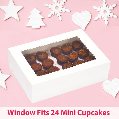 JJO Mini Cupcake Box 5 Pack,Holds 24 Mini Cupcakes,Cupcake Holder, 14x10x4 Inch White Bakery Boxes with Window for Birthday Holiday Party Bakery
