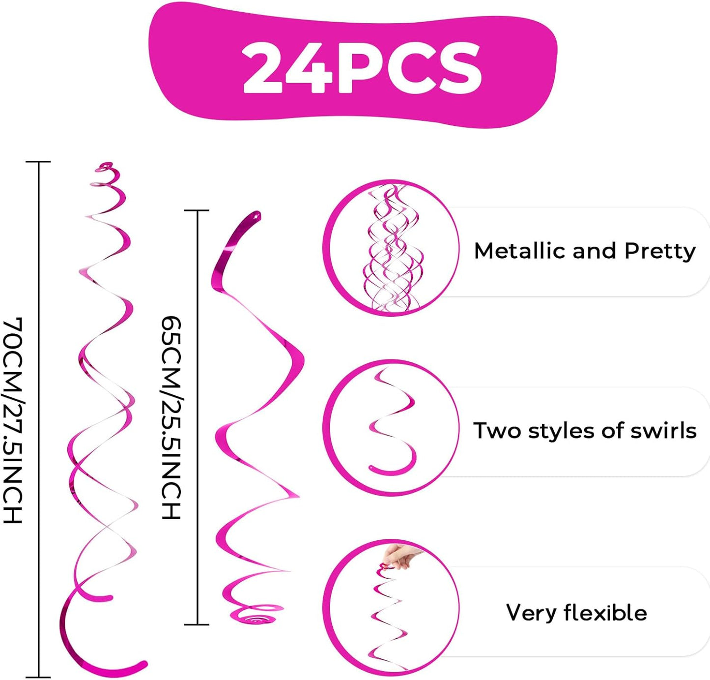 24 PCS Pink Hanging Swirl, Sparkle Ceiling Hanging Decorations, Plastic Streamer Party Decorations with Double-Swirls and Single-Swirls for Birthday Decorations, Easter, Graduation, Baby Shower