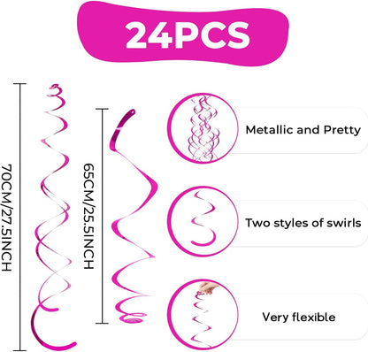 24 PCS Pink Hanging Swirl, Sparkle Ceiling Hanging Decorations, Plastic Streamer Party Decorations with Double-Swirls and Single-Swirls for Birthday Decorations, Easter, Graduation, Baby Shower