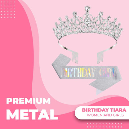 Birthday Tiara Crown with Sash for Women, Headband Hair Accessories for Wedding Party Costume