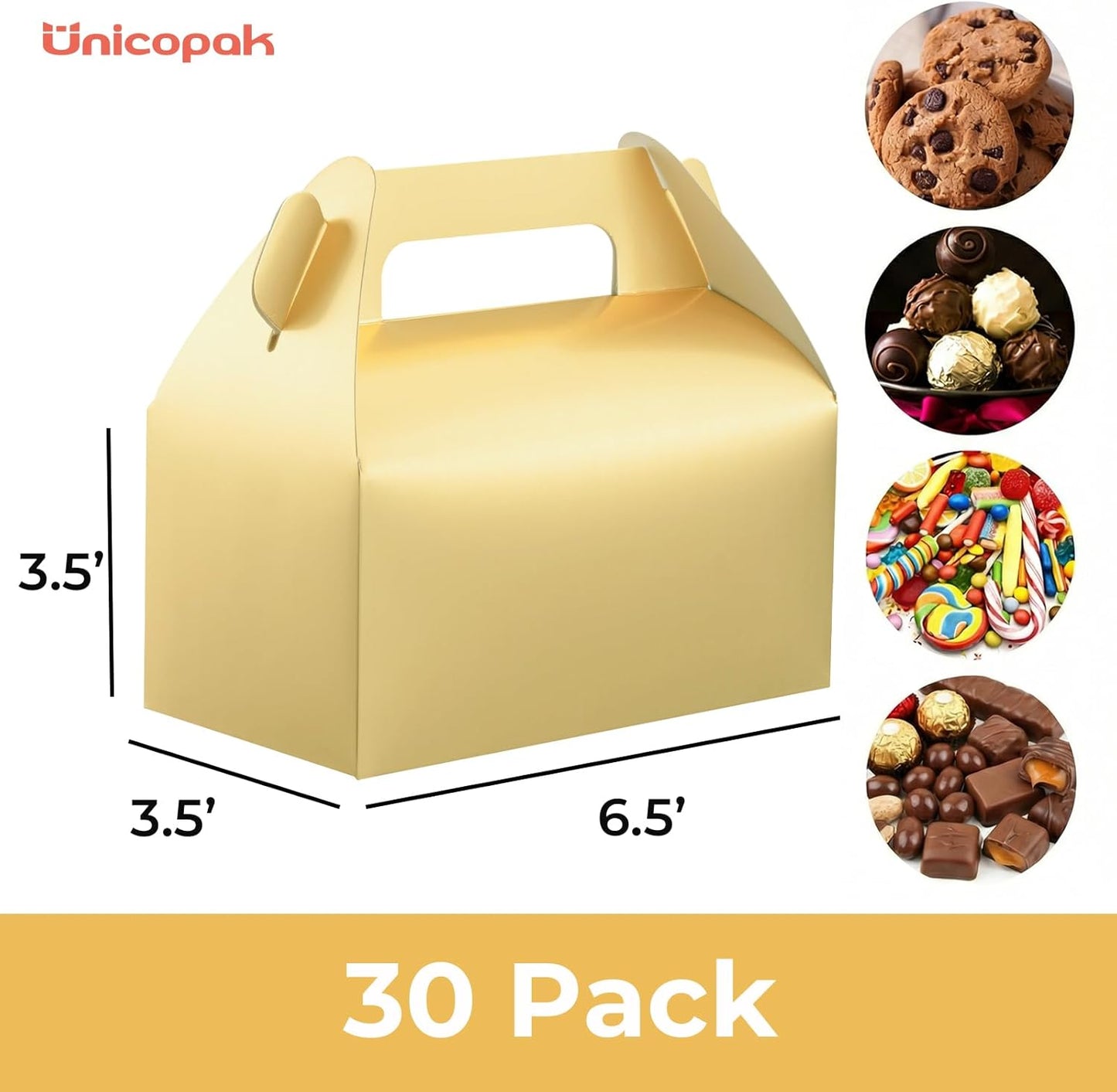 UnicoPak 30 Pack Party Favor Boxes Treat Boxes, White Gable Gift Boxes for Party Favors Goodies Cookies Treats Candies Meals Lunch, 6.5x3.5x3.5 Inches