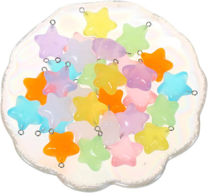 LUBINGSHINE 30pcs Glowing Solar Luminous Star Heart Moon Charms, Mixed Resin Glow in The Dark Star Pendant for DIY Jewelry Craft Making Party Decoration